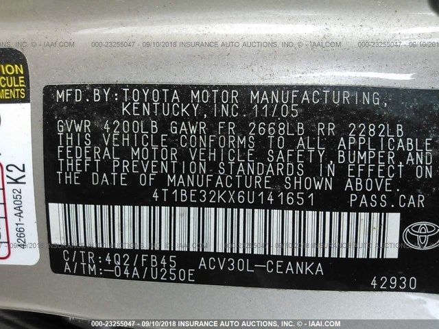 4T1BE32KX6U141651 - 2006 TOYOTA CAMRY LE/XLE/SE 金色 照片 9