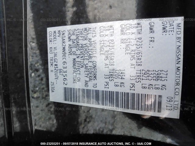 5N1AR2MN9EC633562 - 2014 NISSAN PATHFINDER S/SV/SL/PLATINUM BLACK photo 9