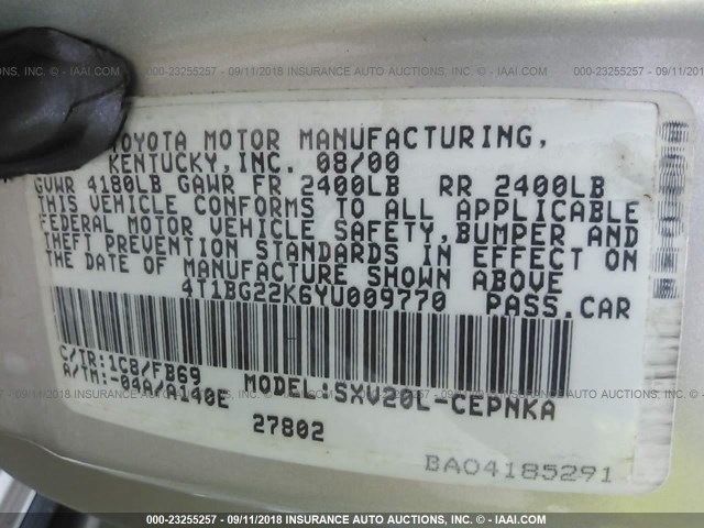 4T1BG22K6YU009770 - 2000 TOYOTA CAMRY CE/LE/XLE 银色 照片 9