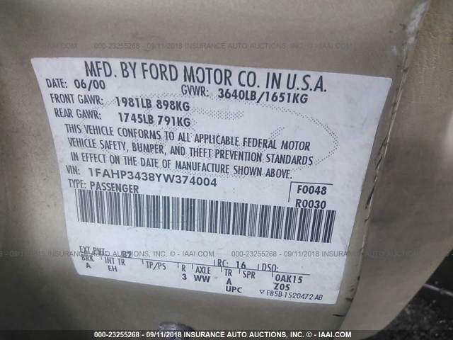 1FAHP3438YW374004 - 2000 FORD FOCUS SE/SE SPORT GOLD photo 9