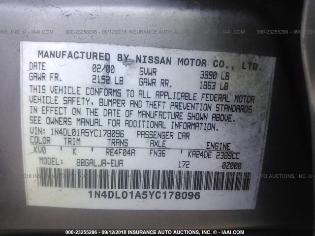 1N4DL01A5YC178096 - 2000 NISSAN ALTIMA XE/GXE/SE/GLE SILVER photo 9