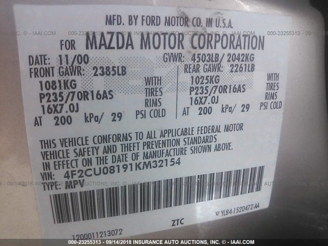 4F2CU08191KM32154 - 2001 MAZDA TRIBUTE LX/ES თაფლისფერი ფოტო 9