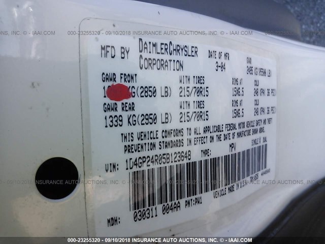 1D4GP24R05B123648 - 2005 DODGE GRAND CARAVAN SE WHITE photo 9