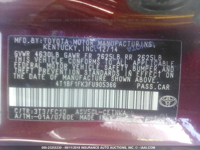 4T1BF1FK3FU905366 - 2015 TOYOTA CAMRY LE/XLE/SE/XSE 红色 照片 9