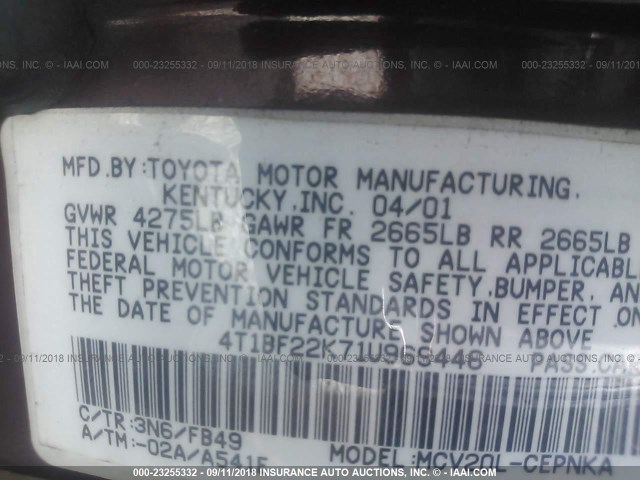 4T1BF22K71U969446 - 2001 TOYOTA CAMRY LE/XLE BURGUNDY photo 9