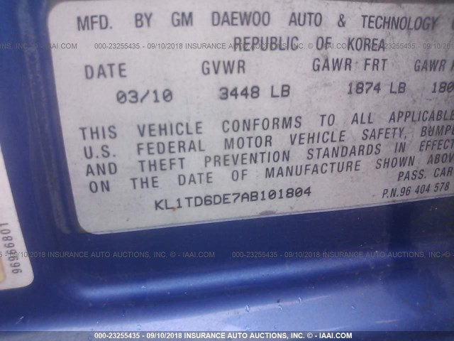 KL1TD6DE7AB101804 - 2010 CHEVROLET AVEO LS/LT 蓝色 照片 9