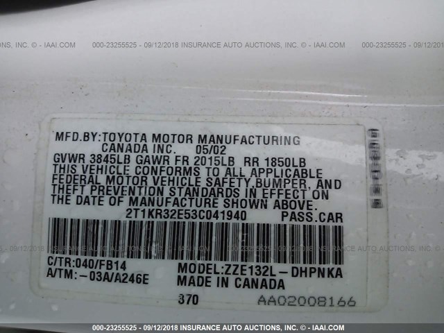 2T1KR32E53C041940 - 2003 TOYOTA COROLLA MATRIX XR WHITE photo 9