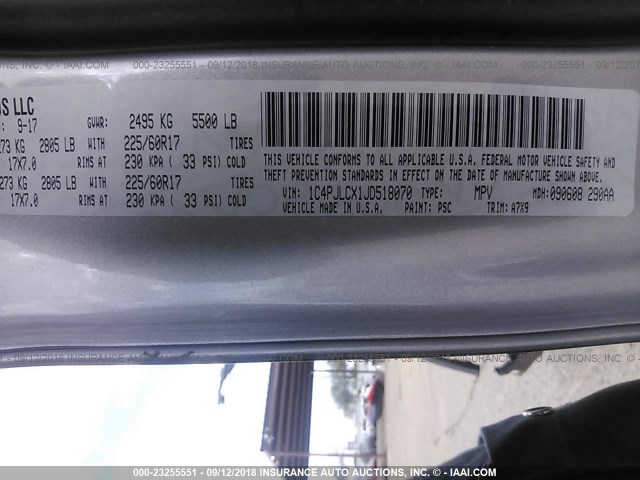 1C4PJLCX1JD518070 - 2018 JEEP CHEROKEE LATITUDE Gümüş fotoğraf 9