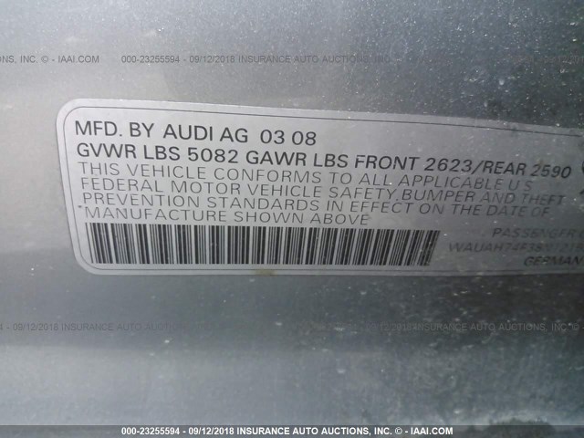 WAUAH74F38N121539 - 2008 AUDI A6 3.2 GRAY photo 9