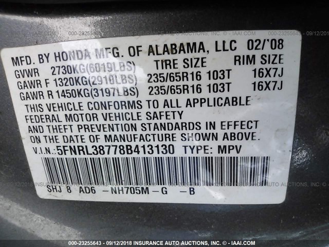 5FNRL38778B413130 - 2008 HONDA ODYSSEY EXL GRAY photo 9