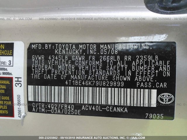 4T1BE46K79U829899 - 2009 TOYOTA CAMRY SE/LE/XLE GOLD photo 9