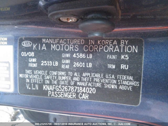 KNAFG526787184020 - 2008 KIA RONDO LX/EX BLUE photo 9