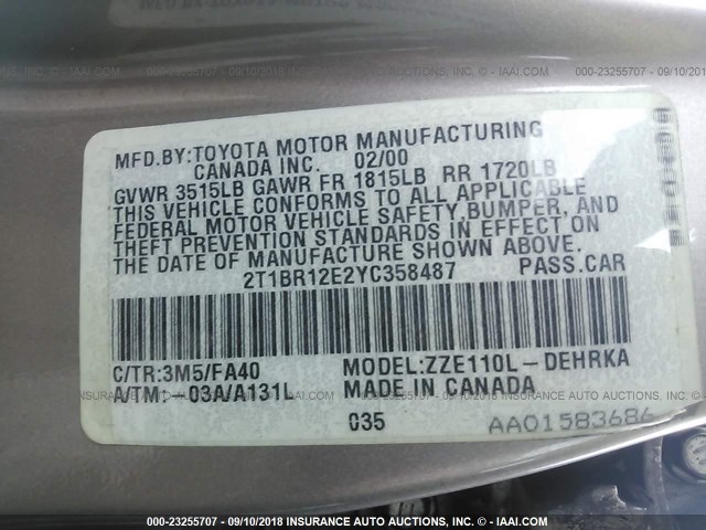 2T1BR12E2YC358487 - 2000 TOYOTA COROLLA VE/CE/LE 棕色 照片 9