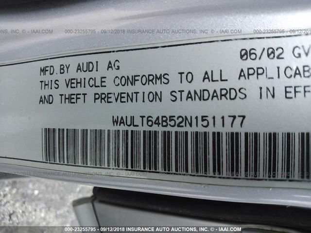 WAULT64B52N151177 - 2002 AUDI A6 3.0 QUATTRO SILVER photo 9