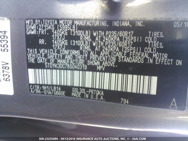 5TDYK3DC7BS040319 - 2011 TOYOTA SIENNA XLE/LIMITED GRAY photo 9