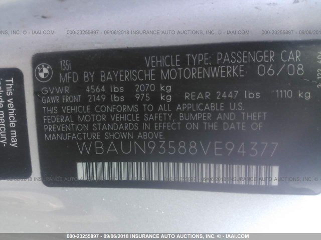 WBAUN93588VE94377 - 2008 BMW 135 I SILVER photo 9