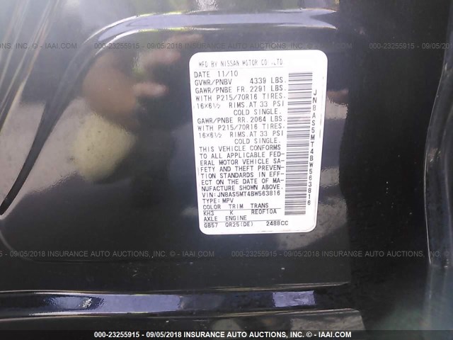 JN8AS5MT4BW563816 - 2011 NISSAN ROGUE S/SV/KROM BLACK photo 9