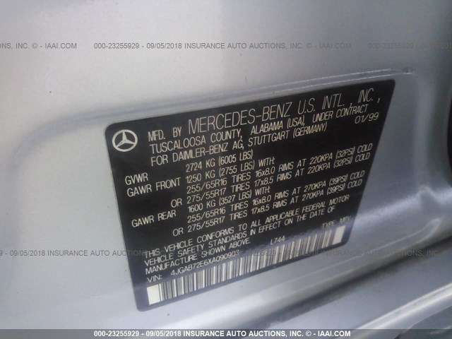 4JGAB72E6XA090903 - 1999 MERCEDES-BENZ ML 430 SILVER photo 9