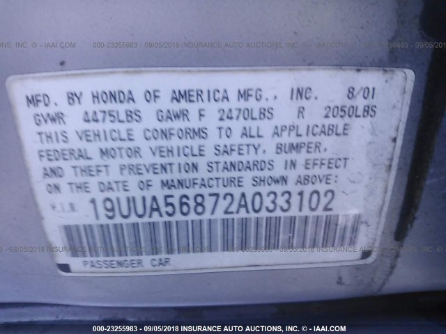 19UUA56872A033102 - 2002 ACURA 3.2TL TYPE-S SILVER photo 9