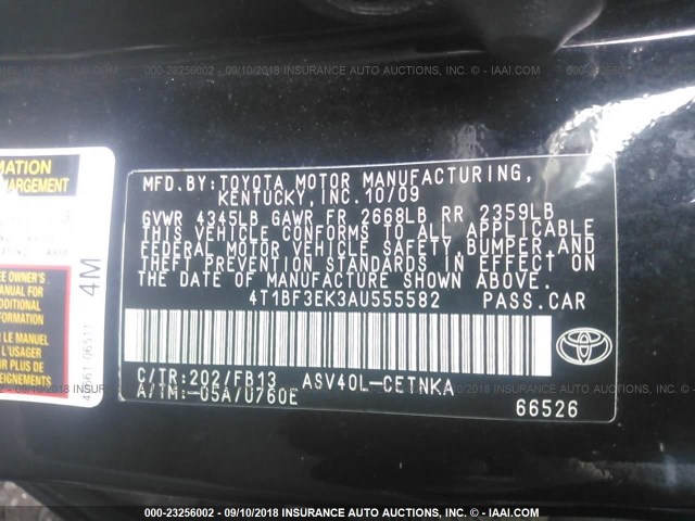 4T1BF3EK3AU555582 - 2010 TOYOTA CAMRY SE/LE/XLE შავი ფოტო 9