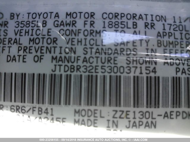 JTDBR32E530037154 - 2003 TOYOTA COROLLA CE/LE GRAY photo 9