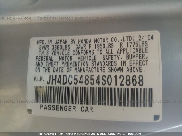 JH4DC54854S012868 - 2004 ACURA RSX SILVER photo 9