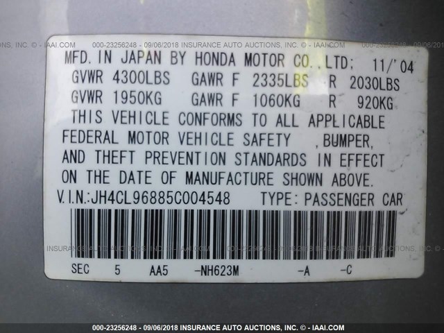 JH4CL96885C004548 - 2005 ACURA TSX SILVER photo 9