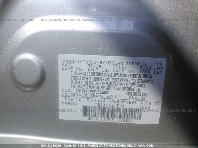 3N1CE2CP0FL355882 - 2015 NISSAN VERSA NOTE S/S PLUS/SV/SL/SR SILVER photo 9