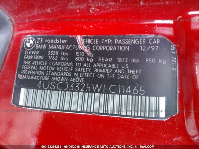 4USCJ3325WLC11465 - 1998 BMW Z3 2.8 RED photo 9