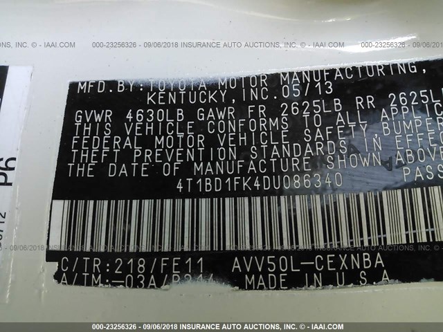 4T1BD1FK4DU086340 - 2013 TOYOTA CAMRY HYBRID/LE/XLE 白色 照片 9