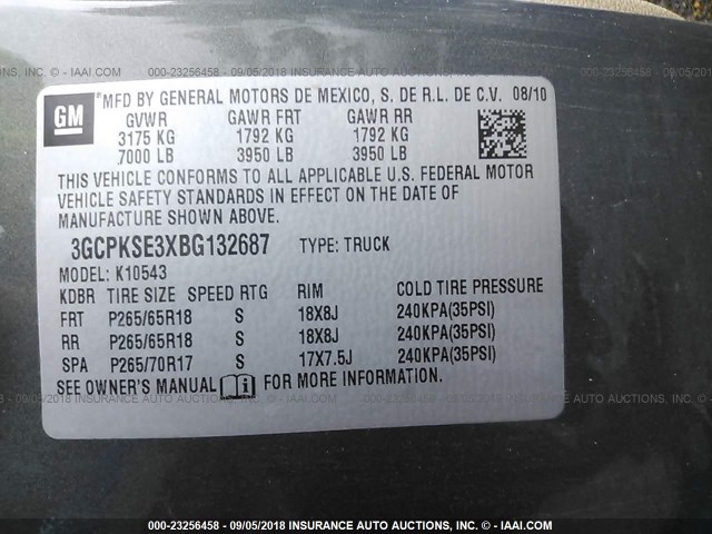 3GCPKSE3XBG132687 - 2011 CHEVROLET SILVERADO K1500 LT GRAY photo 9