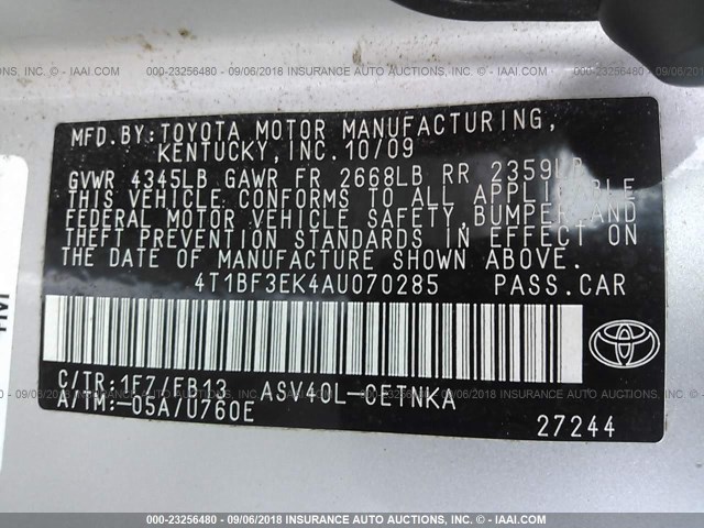 4T1BF3EK4AU070285 - 2010 TOYOTA CAMRY SE/LE/XLE SILVER photo 9