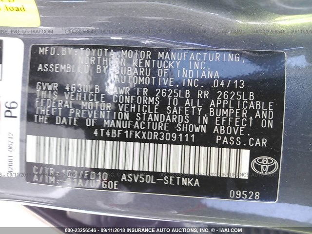 4T4BF1FKXDR309111 - 2013 TOYOTA CAMRY L/SE/LE/XLE Boz foto 9