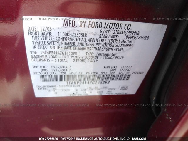 1FAHP24147G145398 - 2007 FORD FIVE HUNDRED SEL RED photo 9