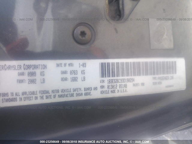 1B3ES26C93D190294 - 2003 DODGE NEON SE GRAY photo 9