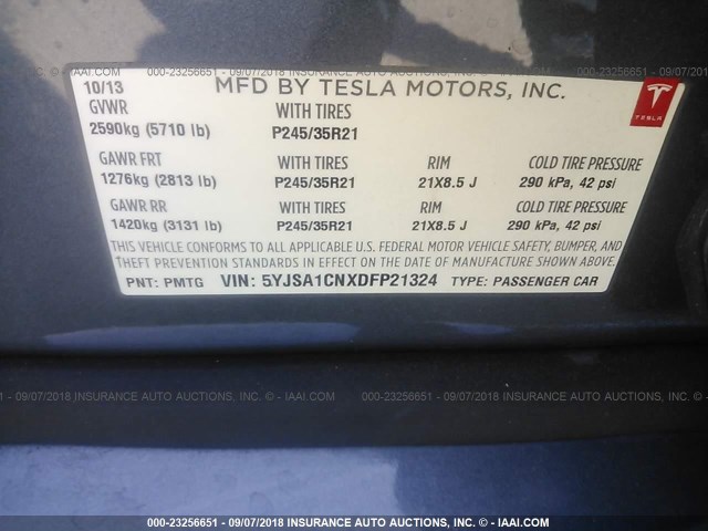 5YJSA1CNXDFP21324 - 2013 TESLA MODEL S GRAY photo 9