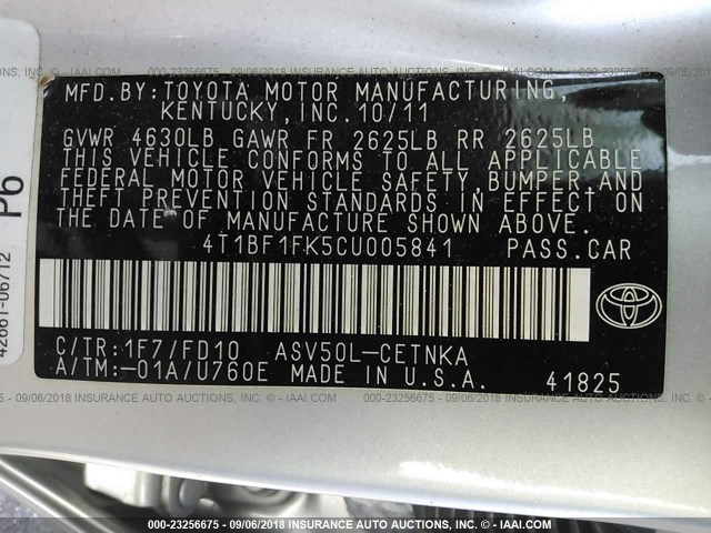 4T1BF1FK5CU005841 - 2012 TOYOTA CAMRY SE/LE/XLE SILVER photo 9