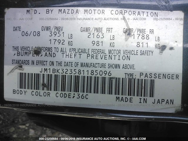 JM1BK323581185096 - 2008 MAZDA 3 S BLUE photo 9