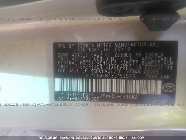 4T1BF3EK1BU152525 - 2011 TOYOTA CAMRY SE/LE/XLE 银色 照片 9