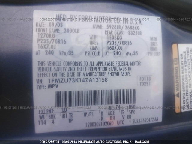 1FMZU73K14ZA13158 - 2004 FORD EXPLORER XLT/XLT SPORT/NBX 深蓝色 照片 9