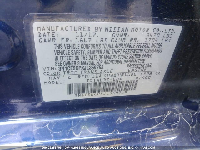 3N1CE2CPXJL359768 - 2018 NISSAN VERSA NOTE S/S PLUS/SV/SL/SR BLUE photo 9