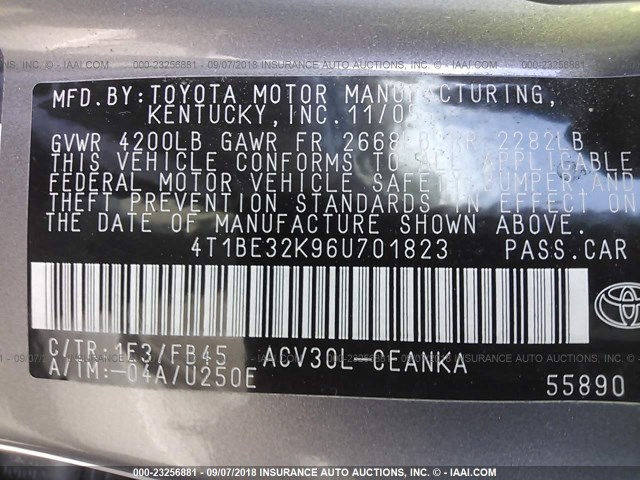 4T1BE32K96U701823 - 2006 TOYOTA CAMRY LE/XLE/SE Сұр фото 9
