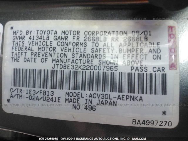 JTDBE32K220007965 - 2002 TOYOTA CAMRY LE/XLE/SE Boz foto 9