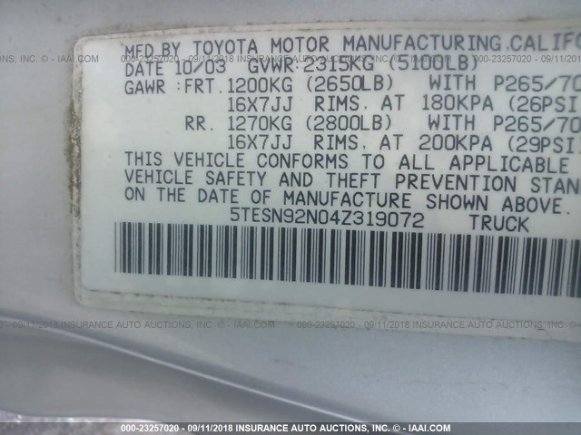 5TESN92N04Z319072 - 2004 TOYOTA TACOMA XTRACAB PRERUNNER ვერცხლისფერი ფოტო 9