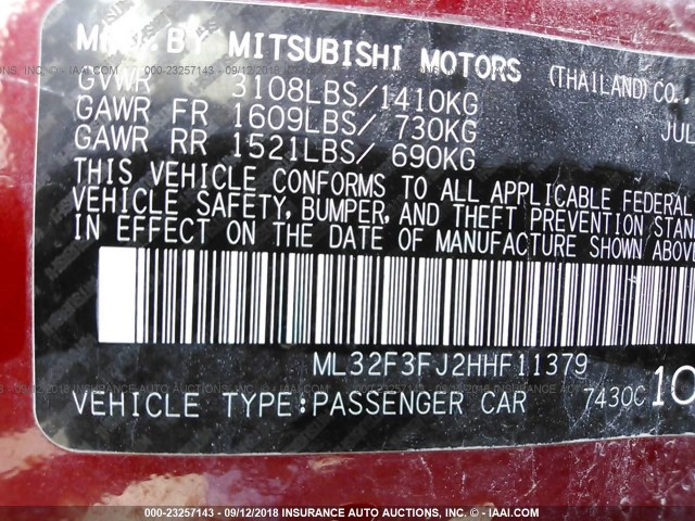 ML32F3FJ2HHF11379 - 2017 MITSUBISHI MIRAGE G4 ES წითელი ფოტო 9