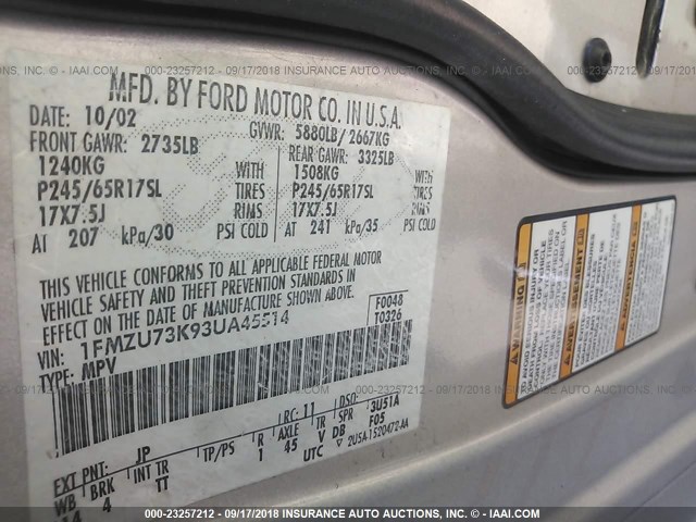 1FMZU73K93UA45514 - 2003 FORD EXPLORER XLT/XLT SPORT/NBX 银色 照片 9