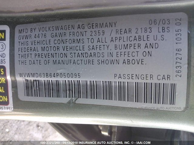 WVWMD63B64P050095 - 2004 VOLKSWAGEN PASSAT GL GREEN photo 9