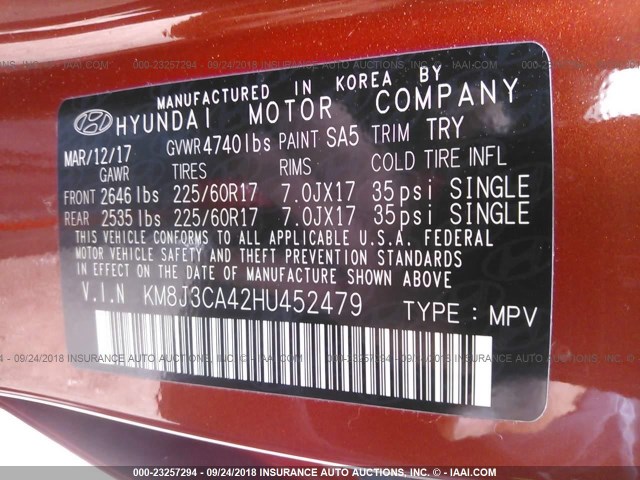 KM8J3CA42HU452479 - 2017 HYUNDAI TUCSON LIMITED/SPORT AND ECO/SE ORANGE photo 9