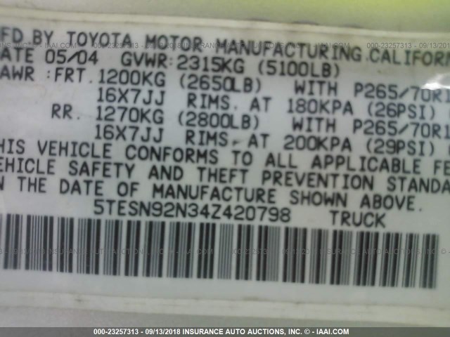 5TESN92N34Z420798 - 2004 TOYOTA TACOMA XTRACAB PRERUNNER SILVER photo 9