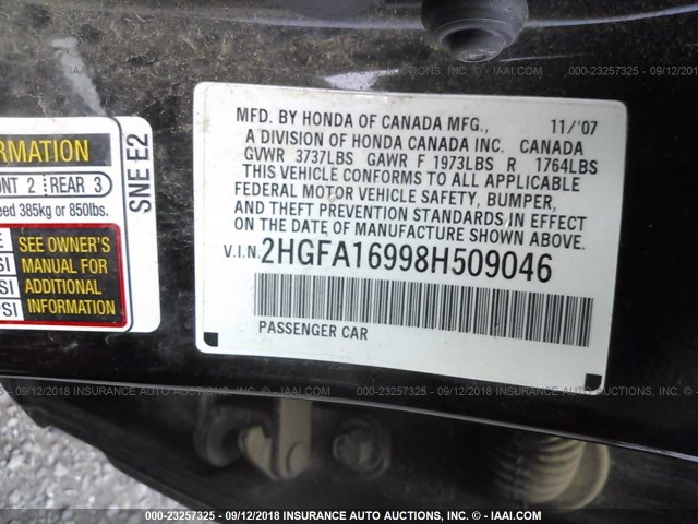 2HGFA16998H509046 - 2008 HONDA CIVIC EXL 黑色 照片 9